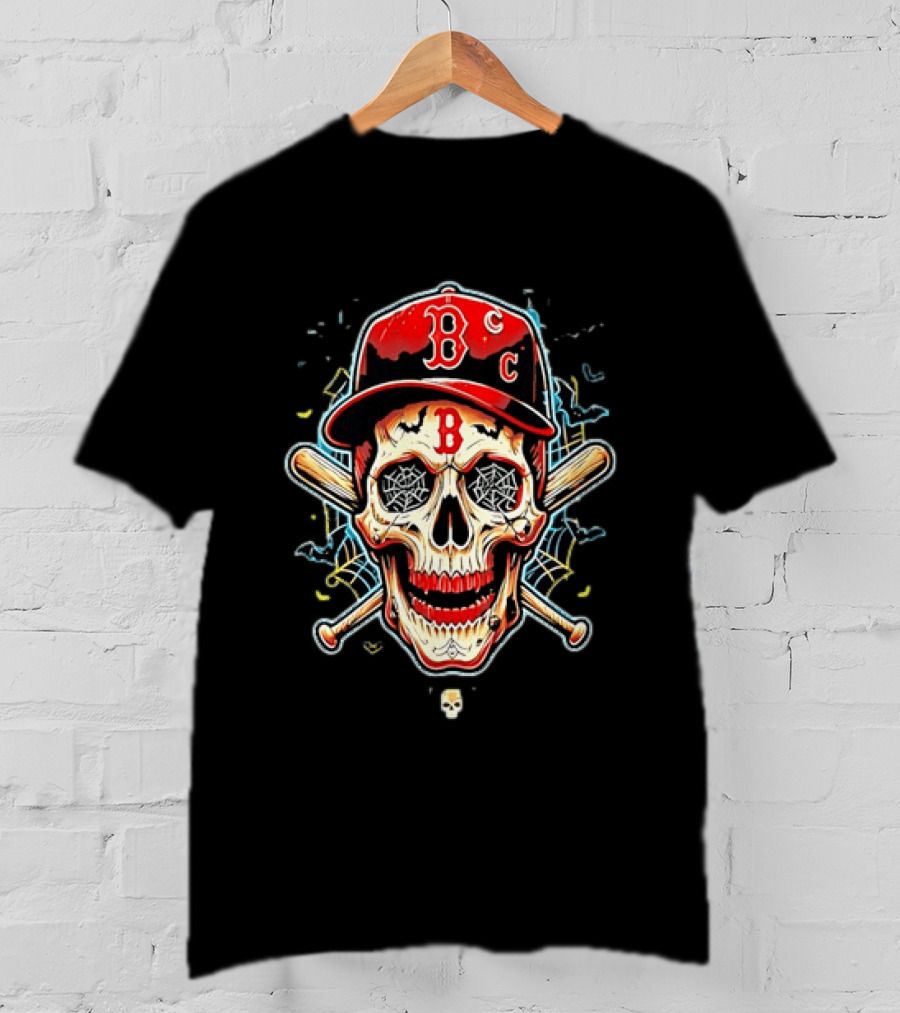 Boston Red Sox Skull Baseball Crossed Bats Red Cap T-Shirt