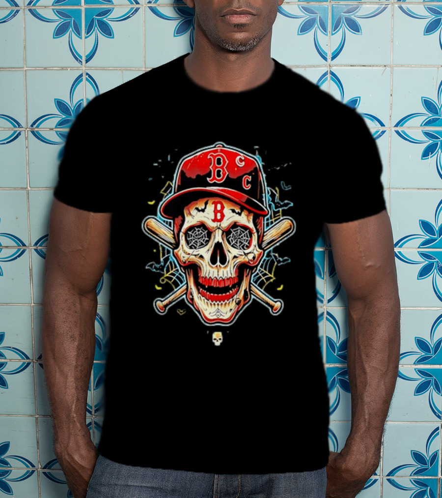 Boston Red Sox Skull Baseball Crossed Bats Red Cap T-Shirt