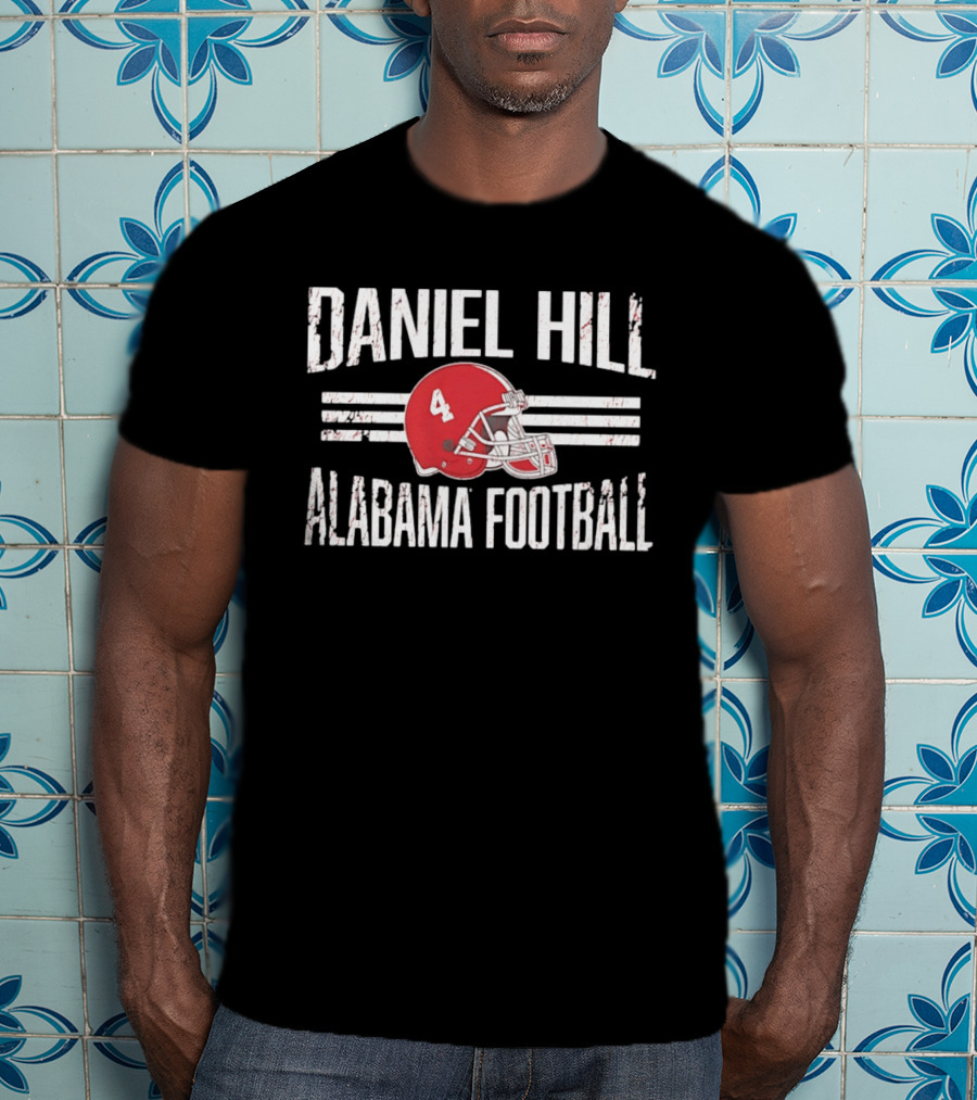 Daniel Hill Alabama Football Number 4 Red Helmet Distressed T-Shirt
