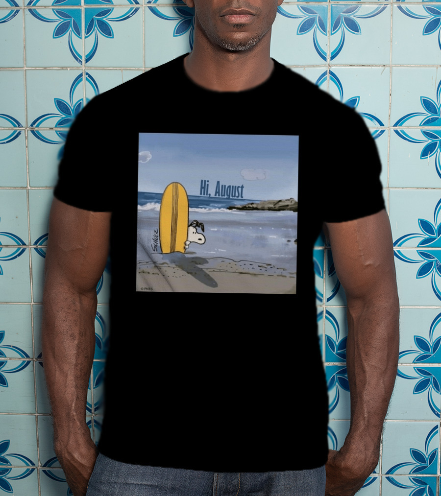 Snoopy Hi August Surfboard Beach Scene By Schulz T-Shirt