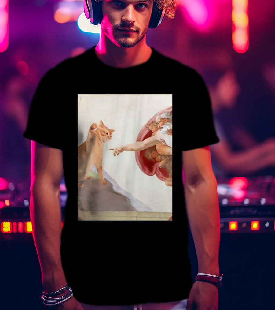 The Creation Of Adam With A Cat By Michelangelo T-Shirt