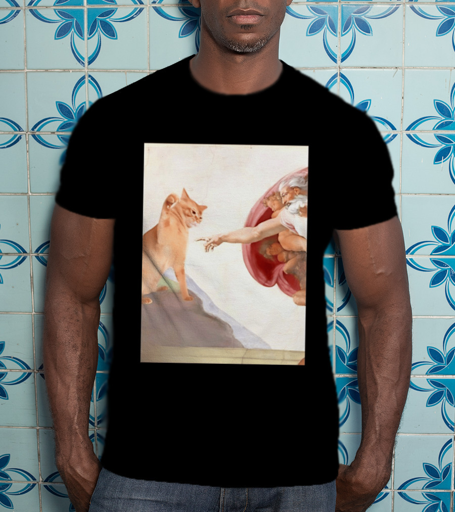 The Creation Of Adam With A Cat By Michelangelo T-Shirt