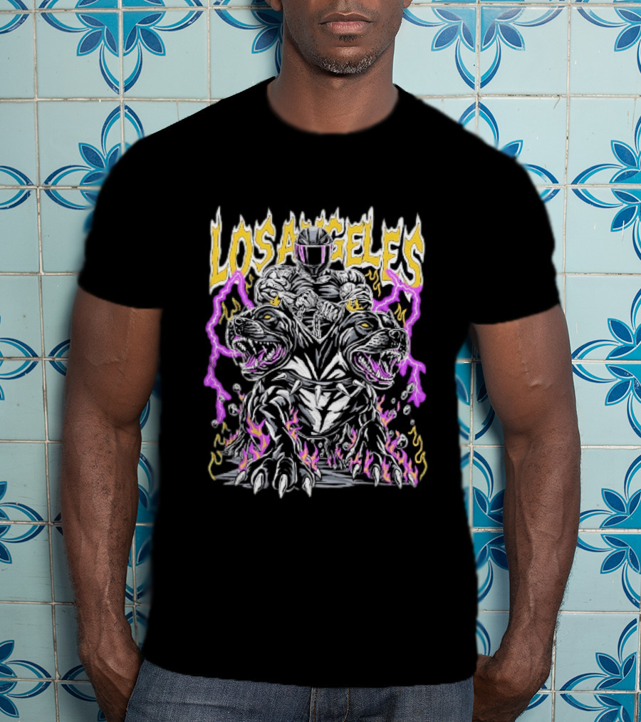 Los Angeles Rider With Two Headed Pitbull And Flames T-Shirt
