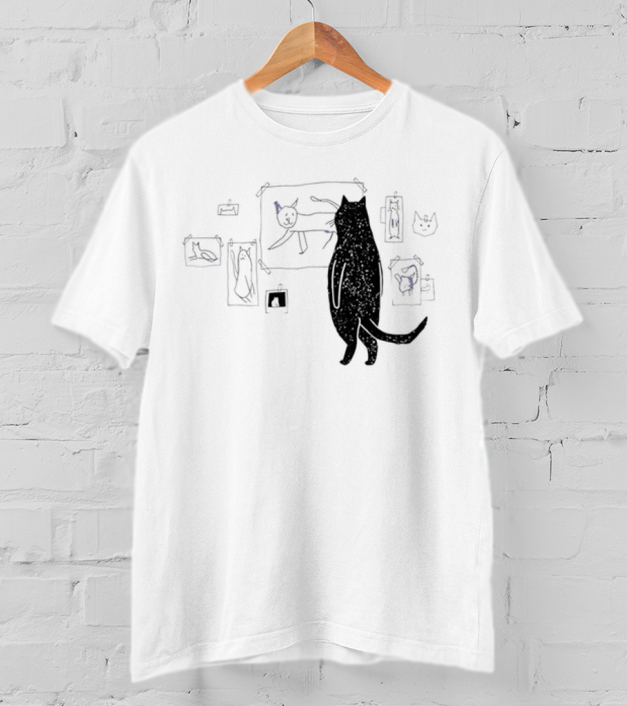Black Cat Observing Doodle Drawings Of Cats T-Shirt