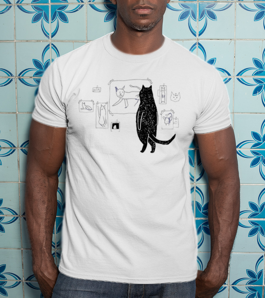 Black Cat Observing Doodle Drawings Of Cats T-Shirt