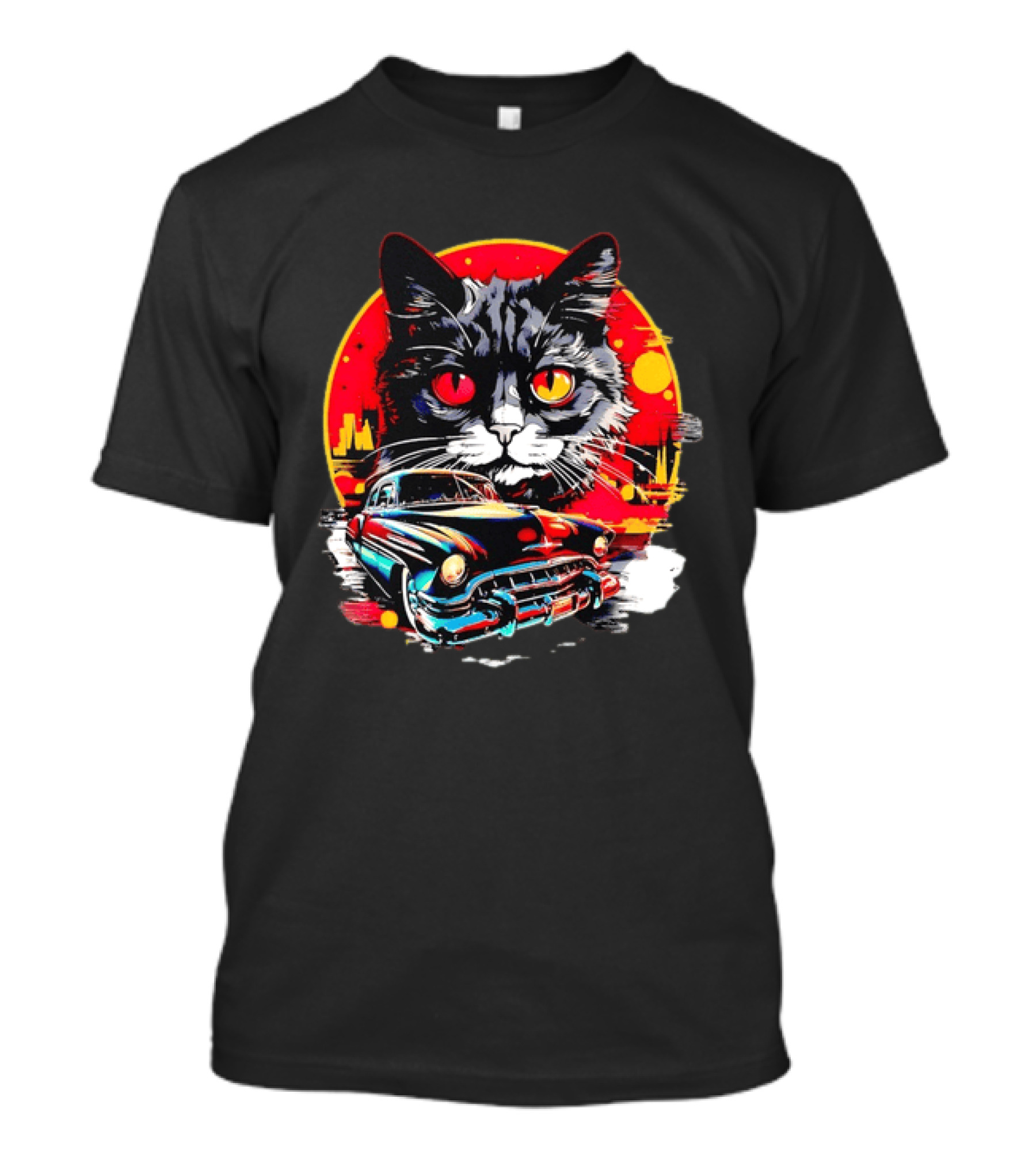 Black Cat With Vintage Classic Car And Retro Sunset T-Shirt