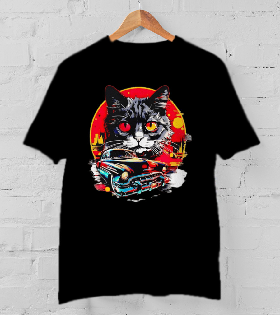 Black Cat With Vintage Classic Car And Retro Sunset T-Shirt