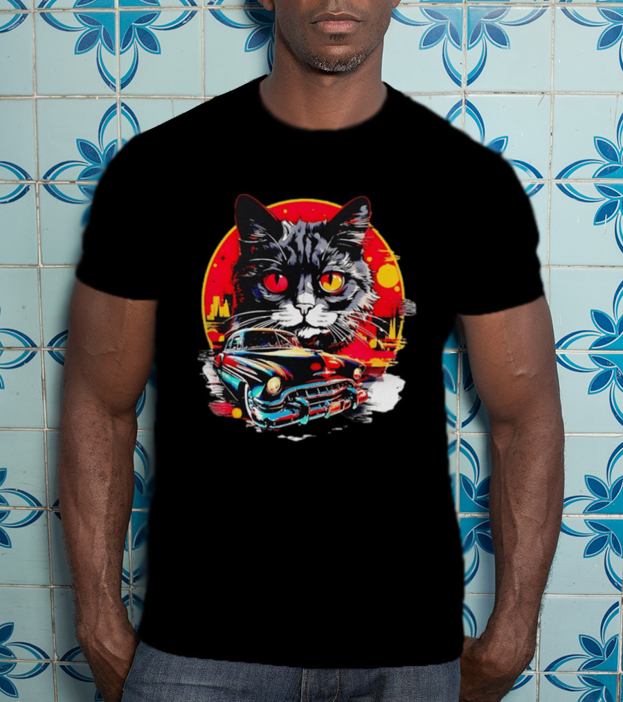 Black Cat With Vintage Classic Car And Retro Sunset T-Shirt