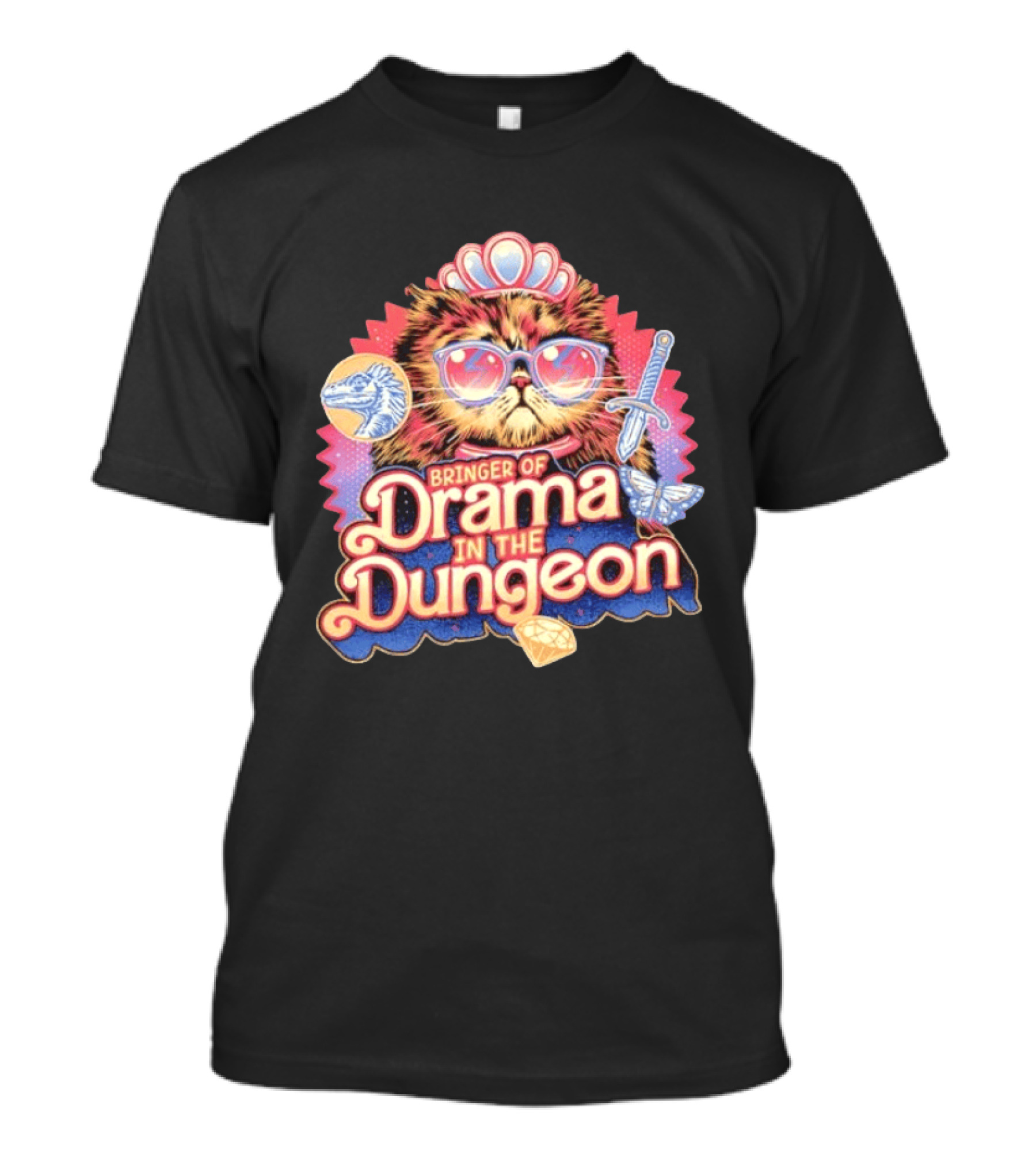 Bringer Of Drama In The Dungeon Cat With Raptor Dagger Butterfly Diamond T-Shirt