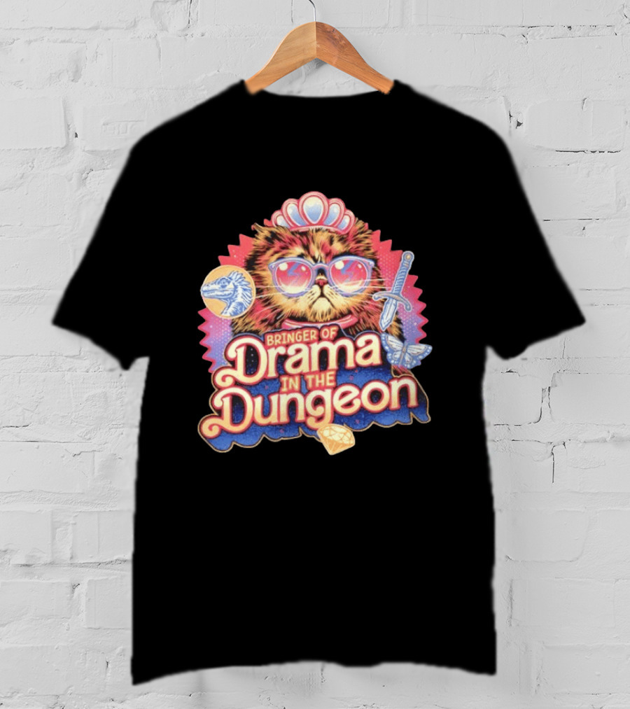 Bringer Of Drama In The Dungeon Cat With Raptor Dagger Butterfly Diamond T-Shirt