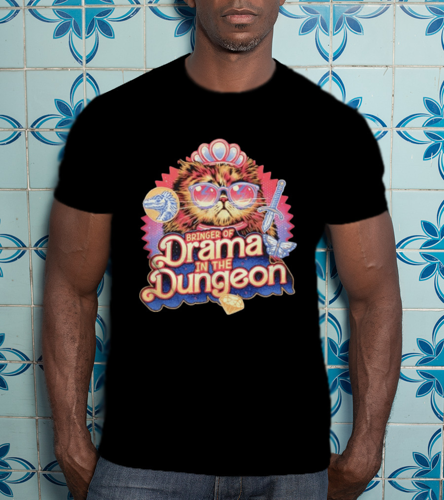 Bringer Of Drama In The Dungeon Cat With Raptor Dagger Butterfly Diamond T-Shirt