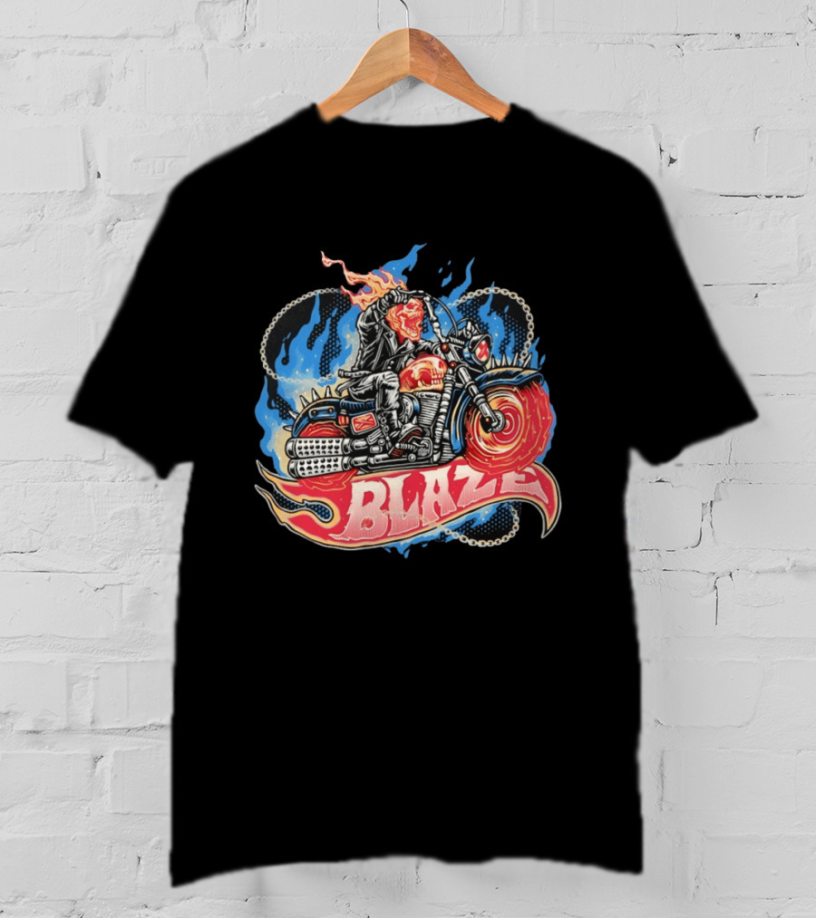 Blaze Flaming Skull Motorcycle Rider Blue Flame T-Shirt