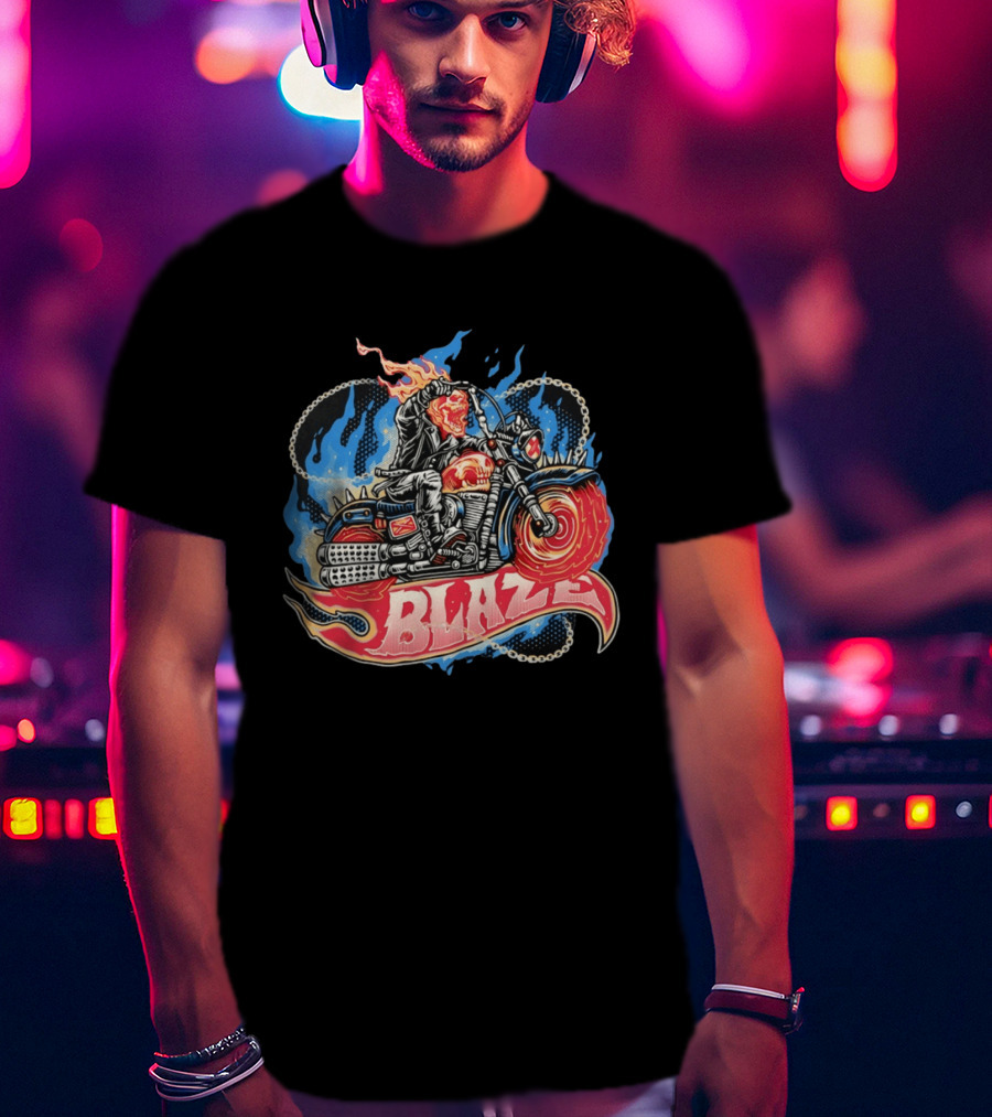 Blaze Flaming Skull Motorcycle Rider Blue Flame T-Shirt