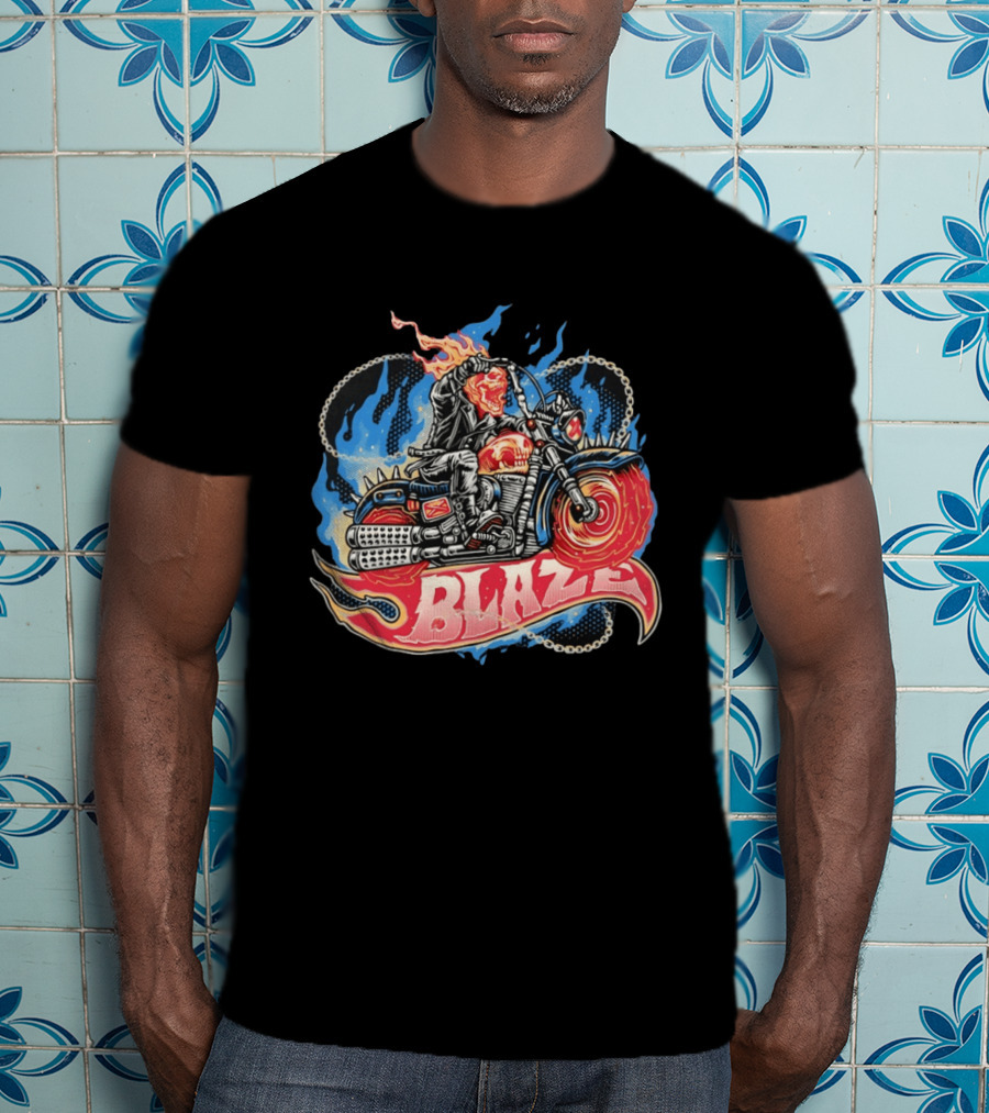 Blaze Flaming Skull Motorcycle Rider Blue Flame T-Shirt