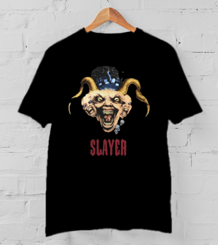 Slayer Triple Demon Head With Horns And Skulls T-Shirt