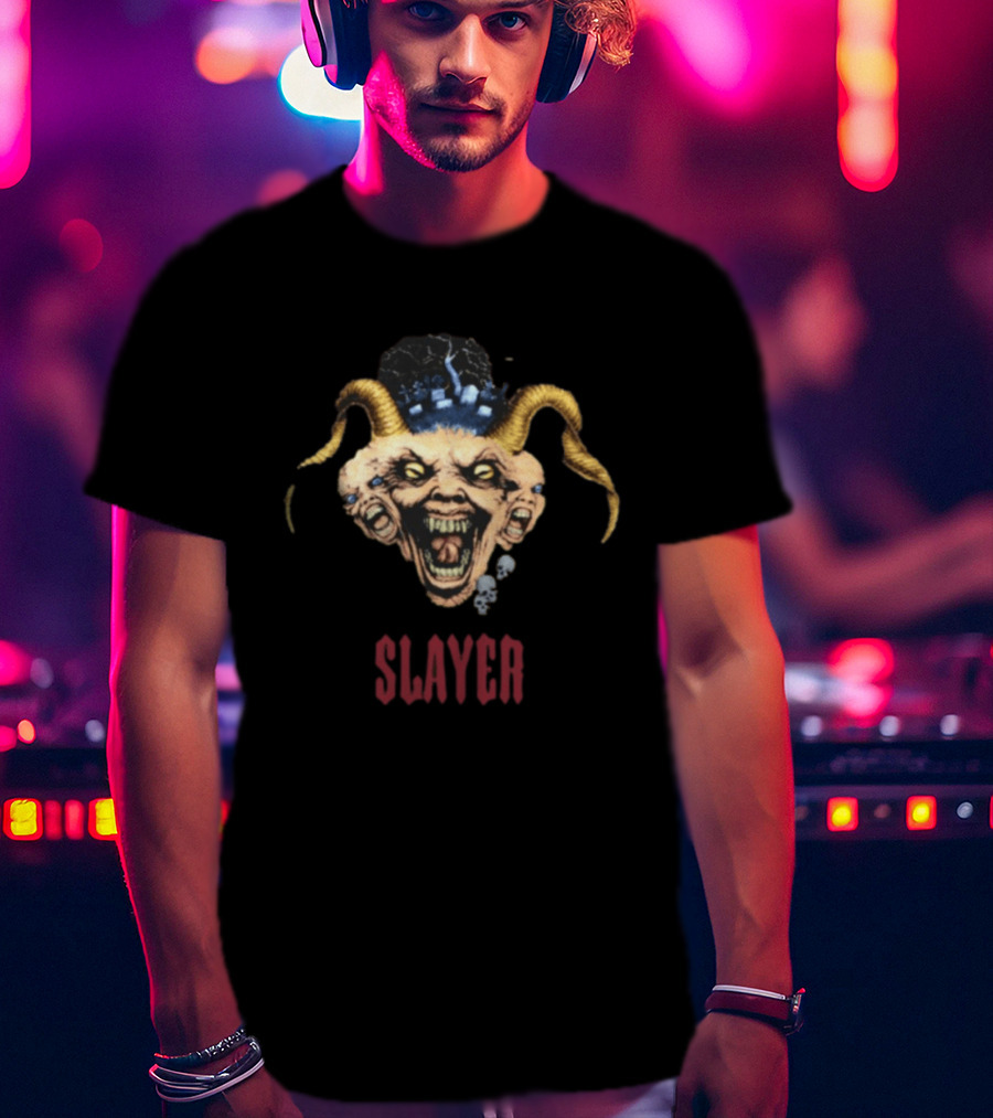 Slayer Triple Demon Head With Horns And Skulls T-Shirt
