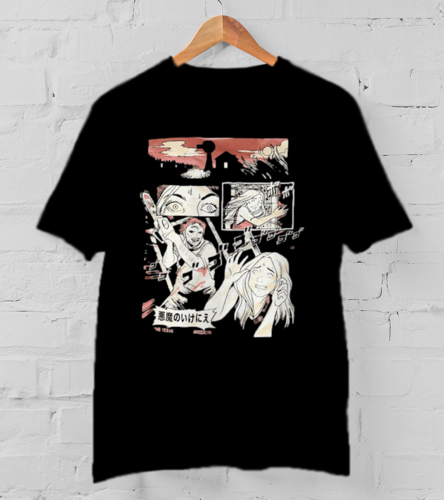 The Texas Chain Saw Massacre Manga Horror Panel With Japanese Text And Chainsaw Action T-Shirt