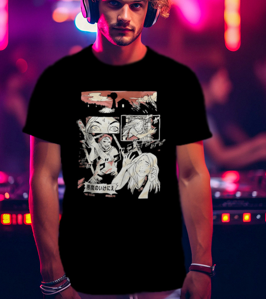 The Texas Chain Saw Massacre Manga Horror Panel With Japanese Text And Chainsaw Action T-Shirt