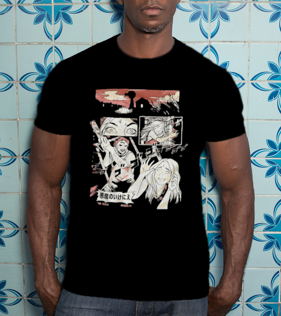 The Texas Chain Saw Massacre Manga Horror Panel With Japanese Text And Chainsaw Action T-Shirt