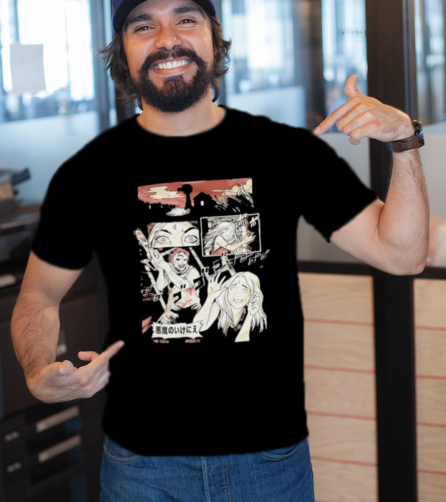 The Texas Chain Saw Massacre Manga Horror Panel With Japanese Text And Chainsaw Action T-Shirt