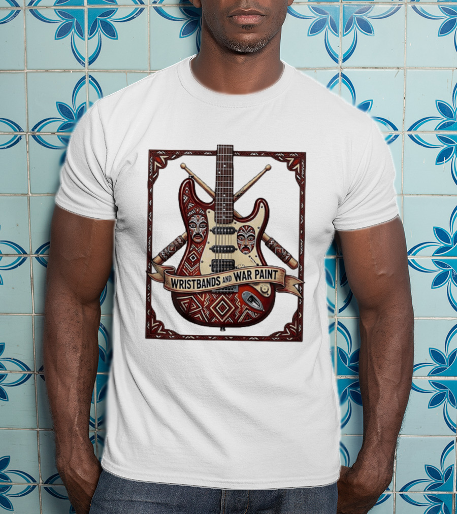Wristbands And War Paint Electric Guitar Tribal Mask T-Shirt