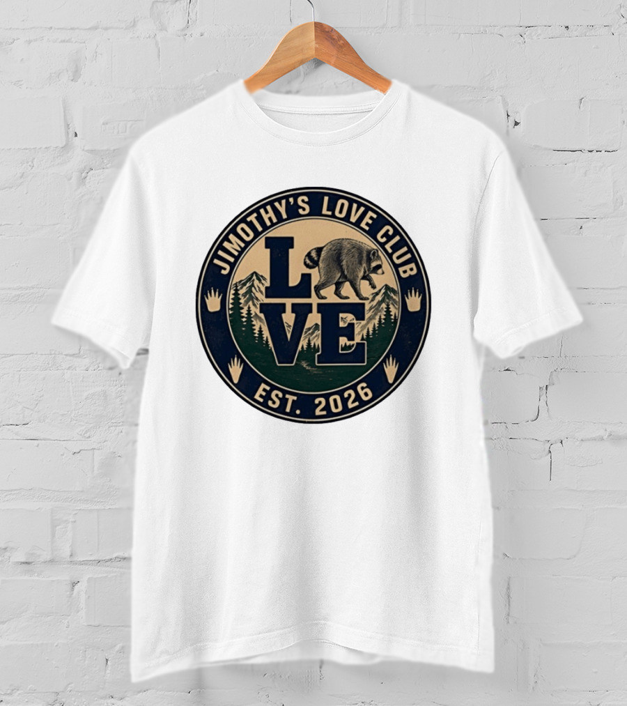 Jimothy's Love Club Raccoon Love Est 2026 Mountain Shield T-Shirt