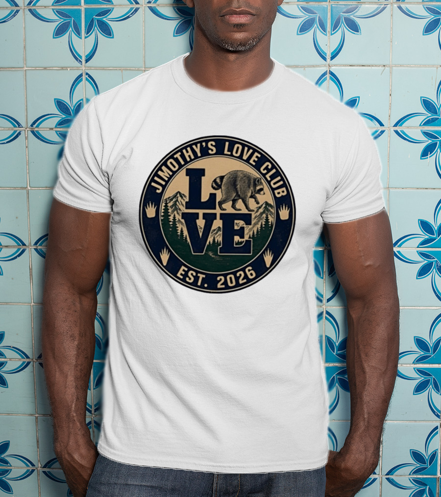 Jimothy's Love Club Raccoon Love Est 2026 Mountain Shield T-Shirt