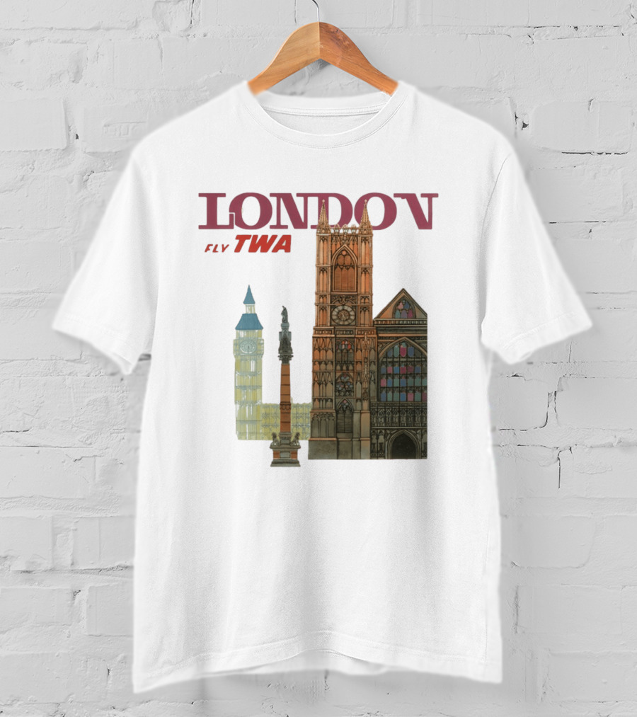 London Fly TWA Travel Big Ben Westminster Abbey Landmark T-Shirt