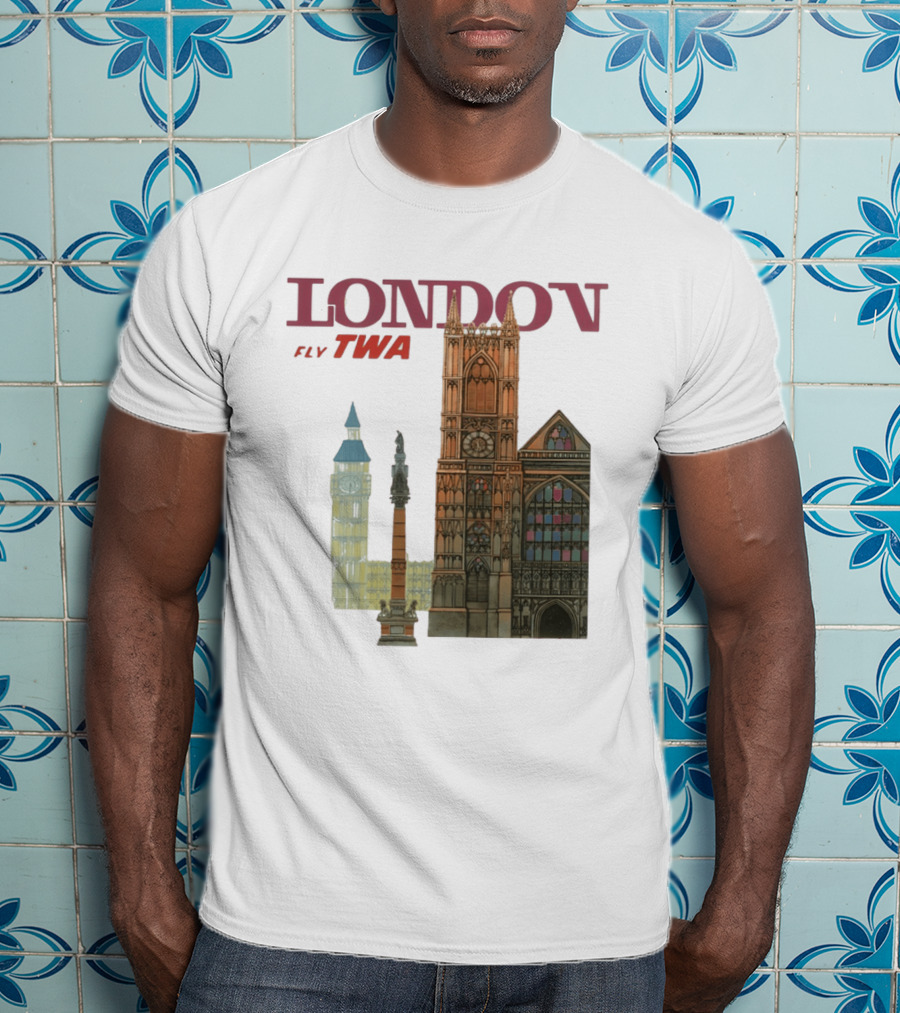 London Fly TWA Travel Big Ben Westminster Abbey Landmark T-Shirt