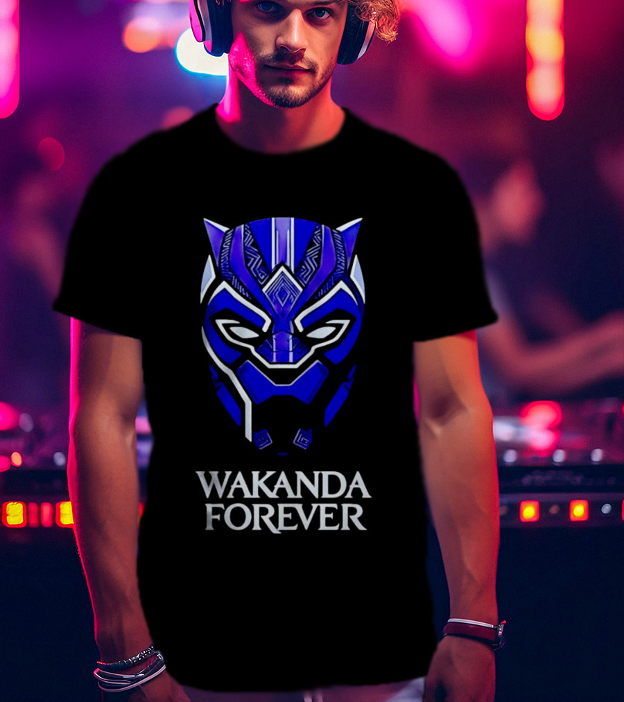 Wakanda Forever Blue Black Panther Mask Marvel T-Shirt