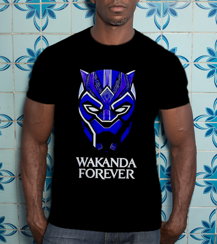 Wakanda Forever Blue Black Panther Mask Marvel T-Shirt