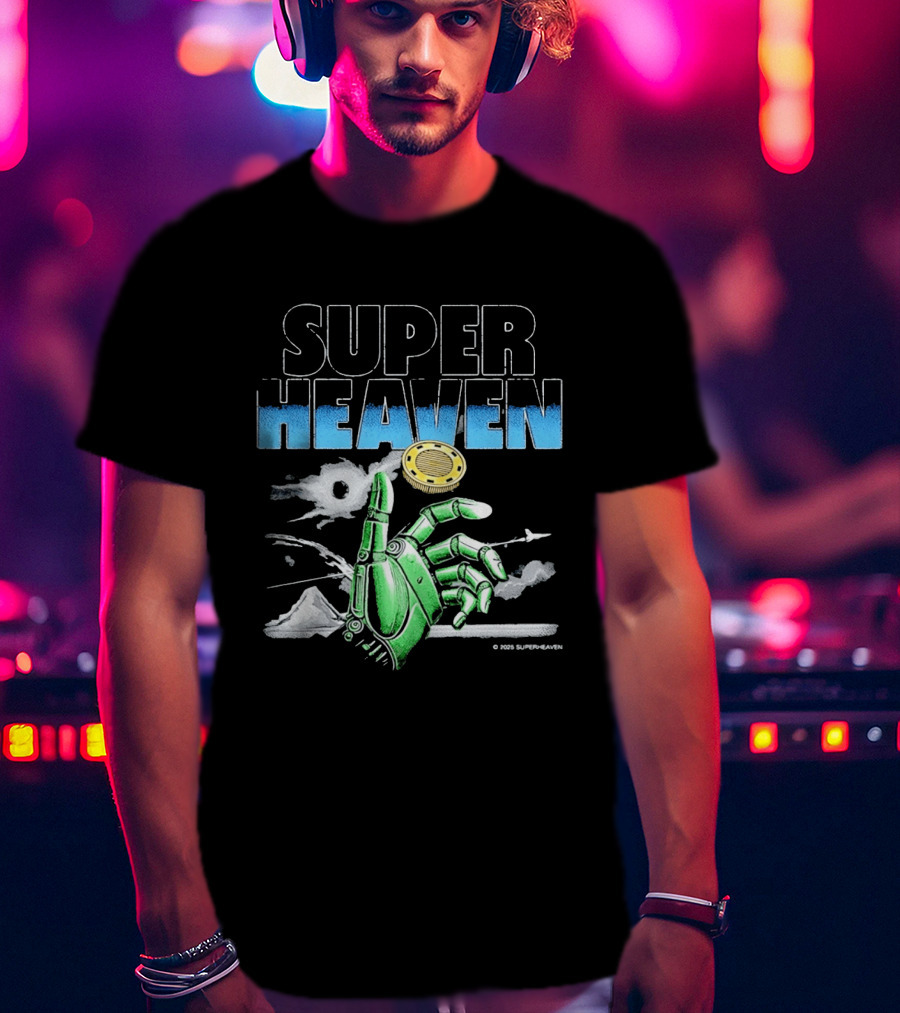 Superheaven Robotic Hand Space Adventure Coin And Mountain Scene T-Shirt