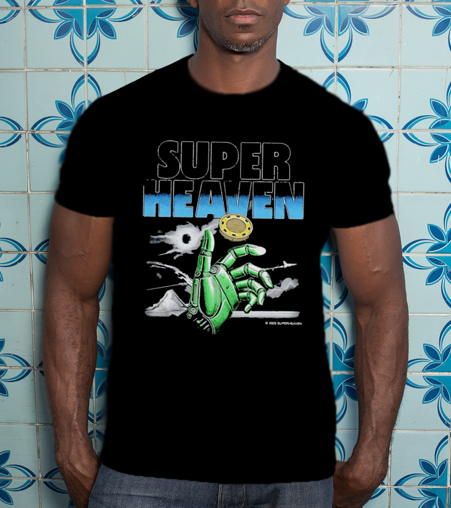 Superheaven Robotic Hand Space Adventure Coin And Mountain Scene T-Shirt