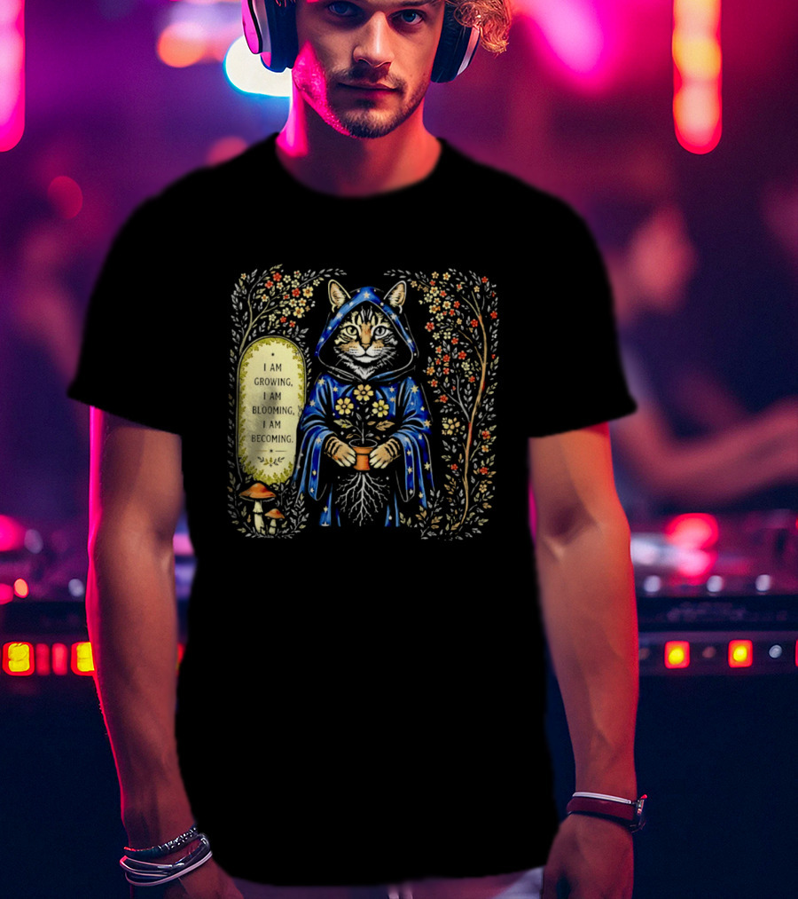 I Am Growing I Am Blooming I Am Becoming Wizard Cat Enchanted Blooms Nature Magic T-Shirt