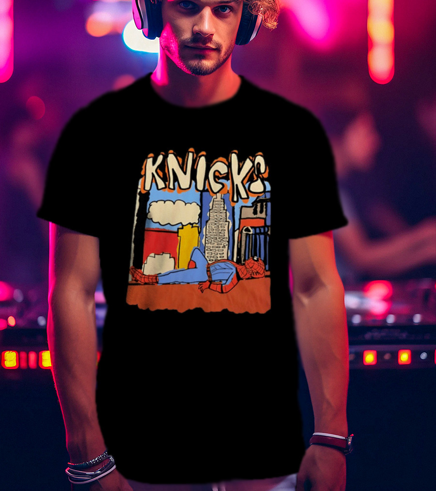New York Knicks Spiderman Marvel NBA Basketball Skyline T-Shirt