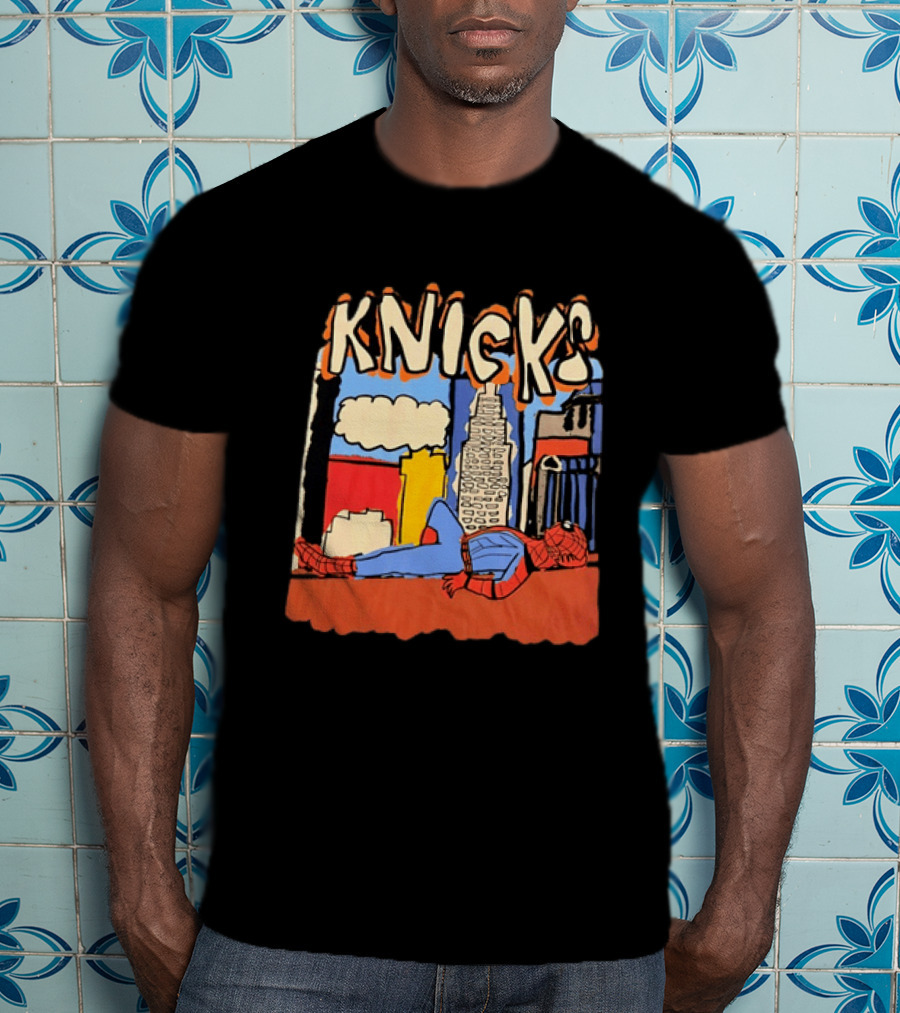 New York Knicks Spiderman Marvel NBA Basketball Skyline T-Shirt