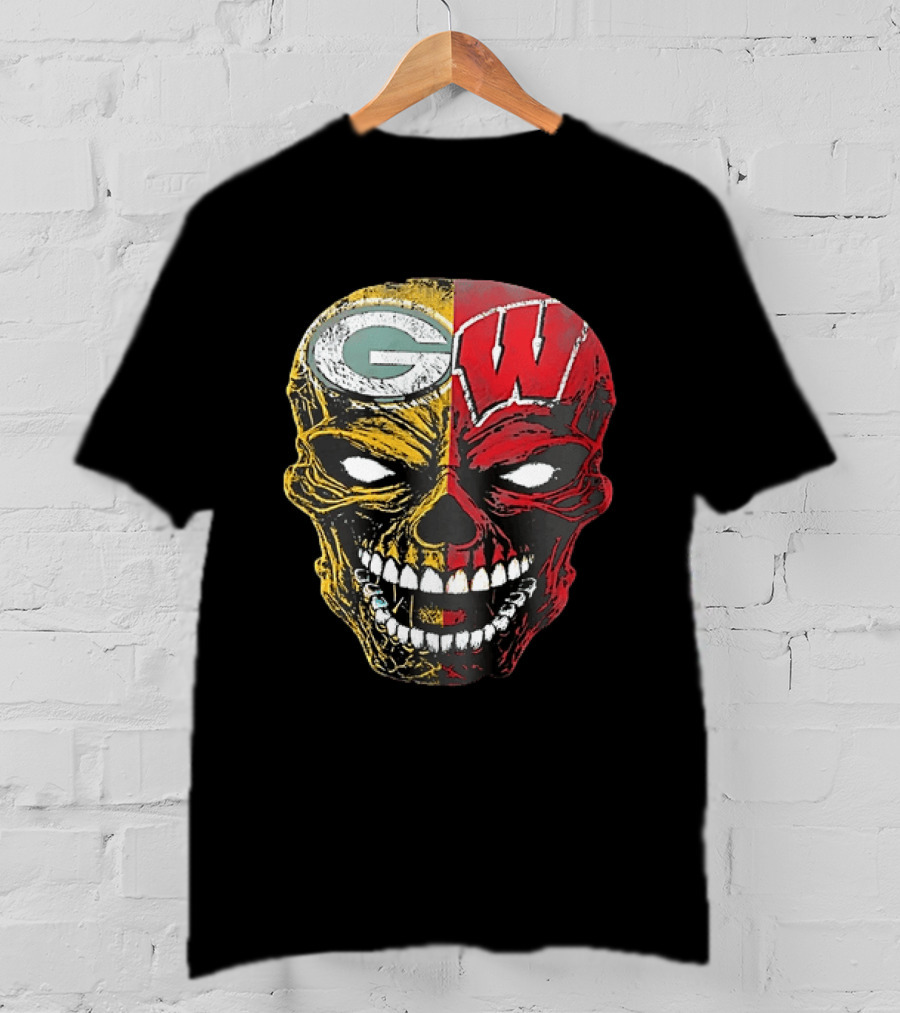 Wisconsin Green Bay Packers Badgers G W Skull Black T-Shirt