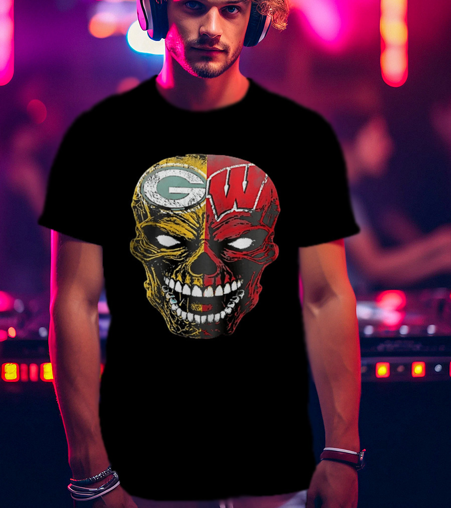 Wisconsin Green Bay Packers Badgers G W Skull Black T-Shirt