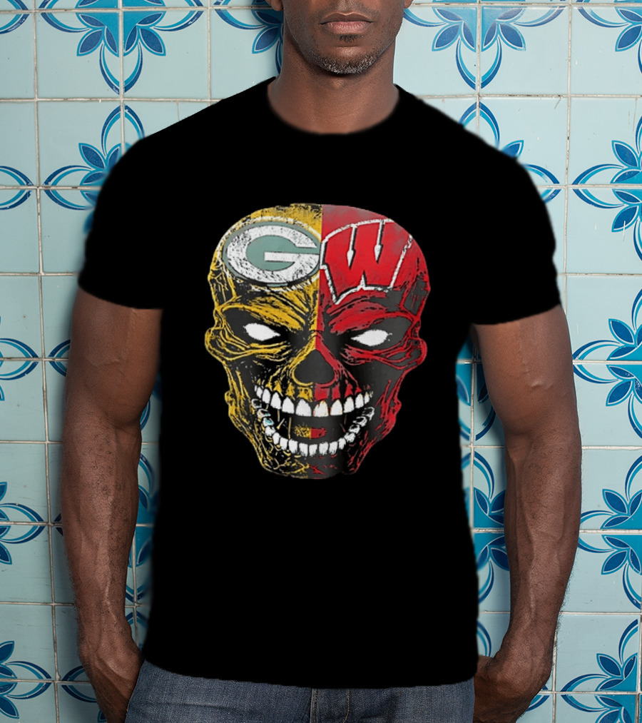 Wisconsin Green Bay Packers Badgers G W Skull Black T-Shirt