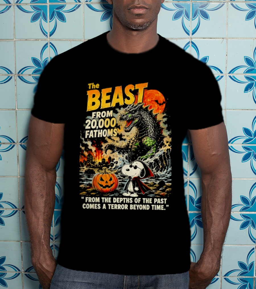 Snoopy And The Beast From 20000 Fathoms Halloween Pumpkin Terror T-Shirt