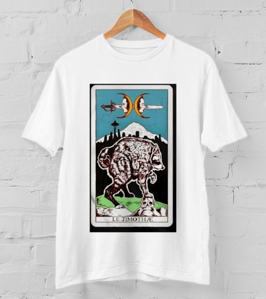 Le Jimothae Raccoon Tarot Seattle Skyline Moon Swords T-Shirt