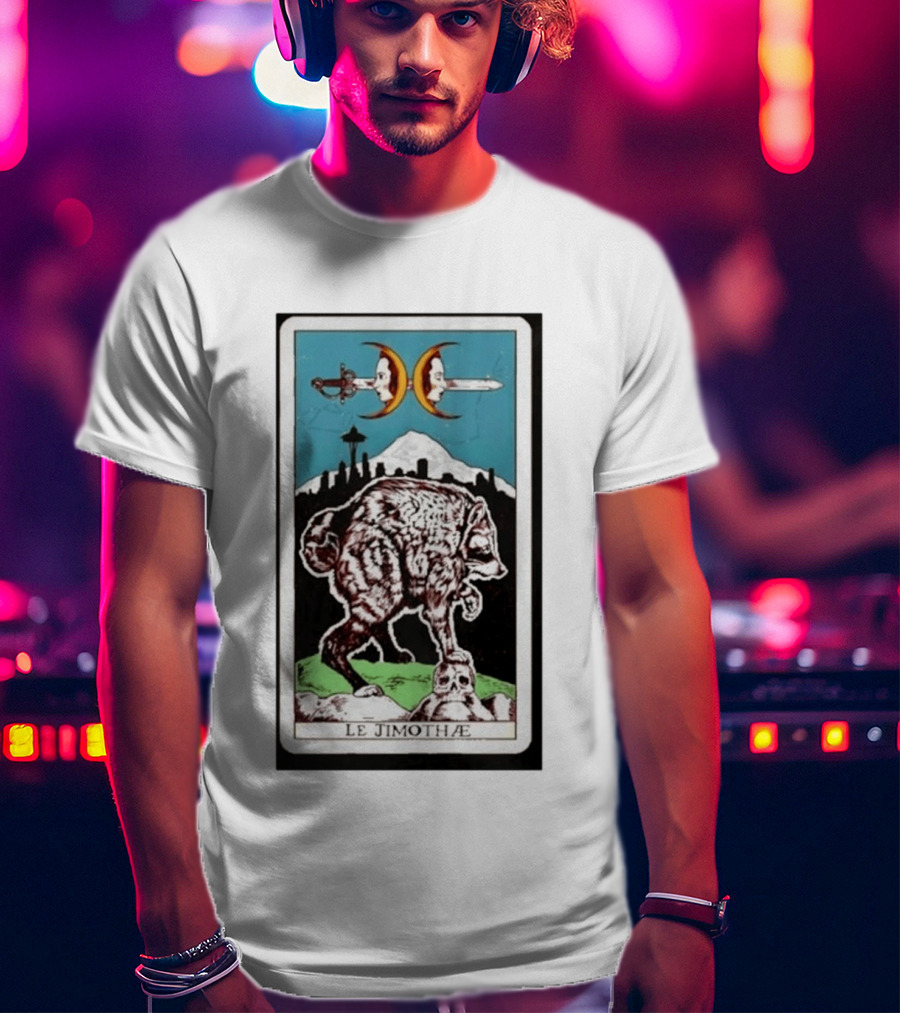 Le Jimothae Raccoon Tarot Seattle Skyline Moon Swords T-Shirt