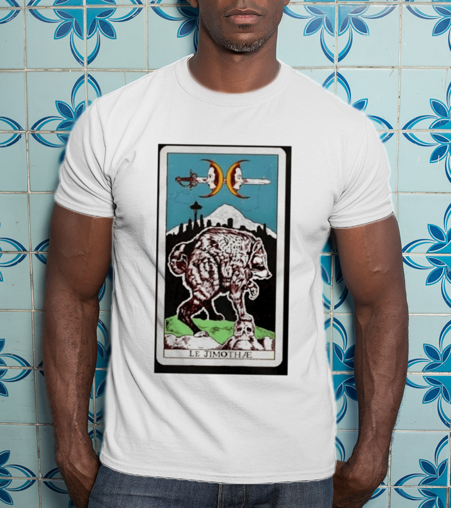 Le Jimothae Raccoon Tarot Seattle Skyline Moon Swords T-Shirt