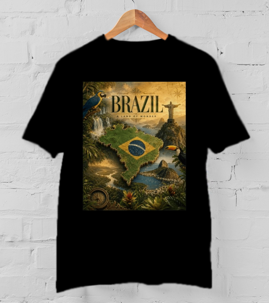 Brazil A Land Of Wonder Ordem E Progresso Christ The Redeemer Amazon Rainforest Toucan Macaw Waterfalls T-Shirt