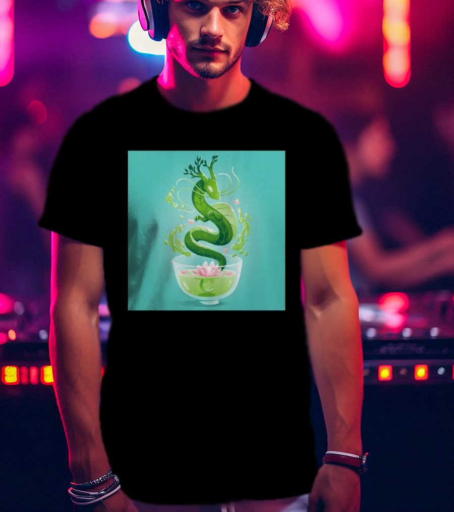 Green Tea Dragon In Teacup With Blossoms And Leaves T-Shirt