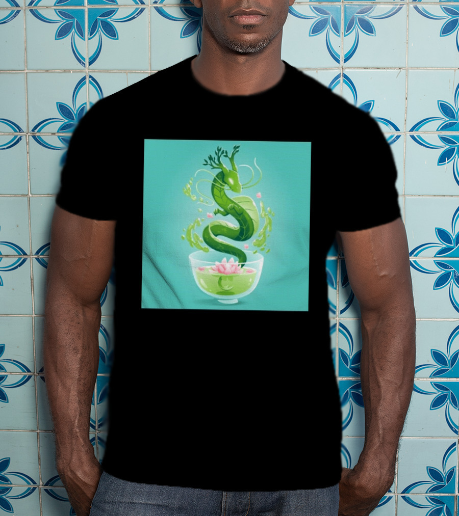 Green Tea Dragon In Teacup With Blossoms And Leaves T-Shirt