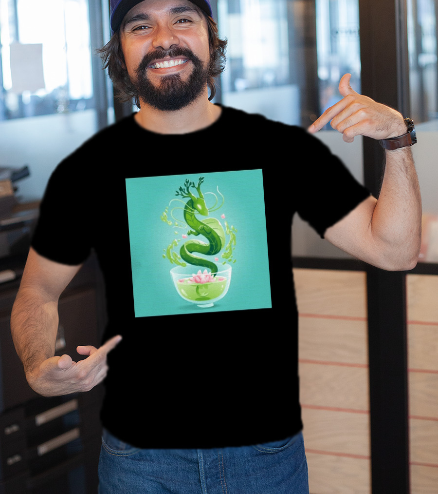 Green Tea Dragon In Teacup With Blossoms And Leaves T-Shirt