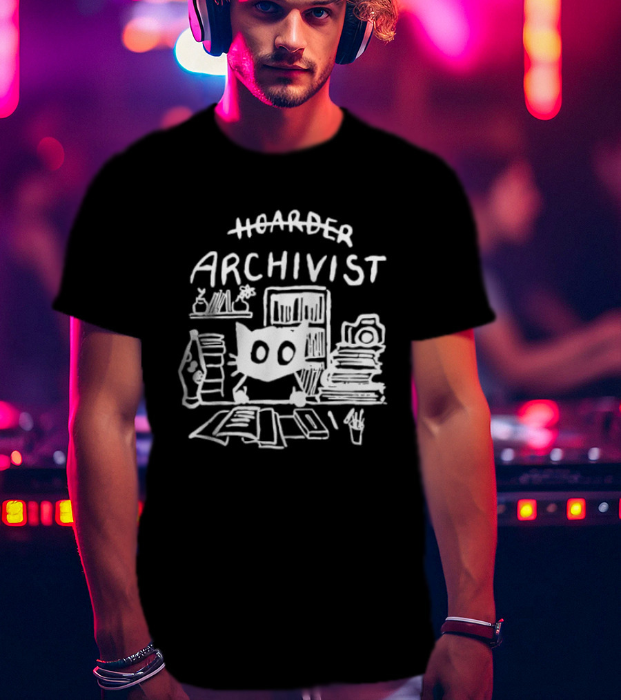 Hoarder Archivist Cat Surrounded By Books And Files T-Shirt