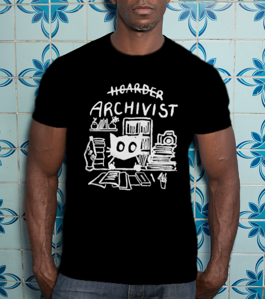 Hoarder Archivist Cat Surrounded By Books And Files T-Shirt
