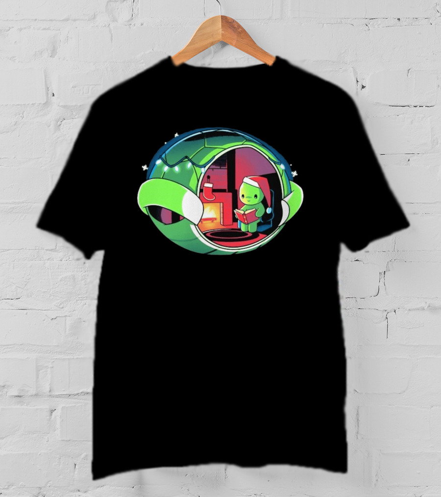 Christmas Turtle Cozy Holiday Scene With Santa Hat And Fireplace T-Shirt